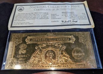 National Collectors Mint Year 2000 $2 Gold Certificate W/ COA - #AA5584  - (2 Of 3)