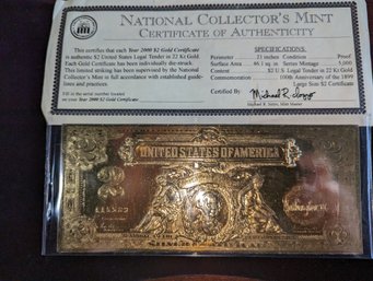National Collectors Mint Year 2000 $2 Gold Certificate W/ COA - #AA5583  - (3 Of 3)
