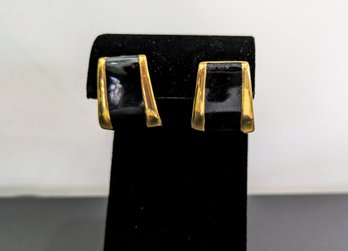 Vintage Gold Tone & Black Trapazoid Pierced Earrings