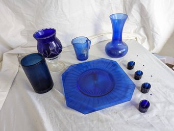 Collection Of Nine Blue Glass Items Including A Shirley Temple Pitcher