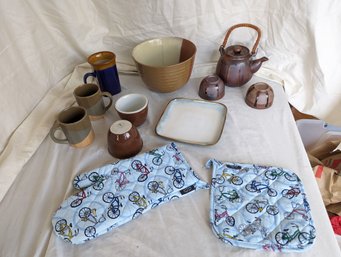 Collection Of Ten Stoneware Pieces And A Pair Of New Bicycle Print Oven Mitts