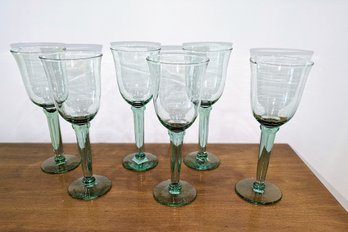 Set Of 6  Sea Glass Recycled Hand Blown Stem Glasses Made In Spain