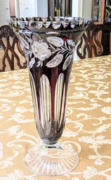 Vintage Bavarian, German, Dark Ruby Red Glass Vase Cut To Clear Floral
