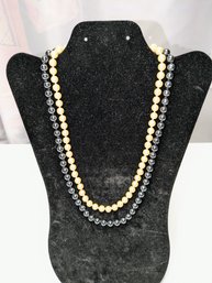 Vintage Black & Beige Pearl Necklace With Rhinestone Accented Slip Lock