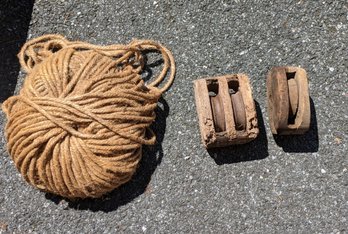 Over 100 Plus Feet Of Rope And Two Vintage Wood Pullies