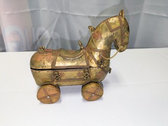 Vintage Rajasthani (Trojan) Horse Box On Wheels, India, Wood, Brass, Copper Snuff Box