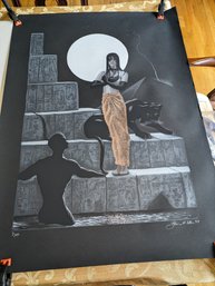 Unframed Steve W. Ellis Surrealist, Untitled-Moonlight Woman With Panther, Limited Ed. Litho Print 9/30