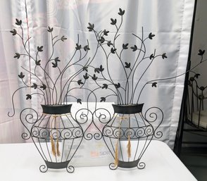 Pair Of Dark Brown/Black Basket & Leaves Metal Wall Hangings