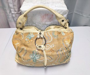 Vintage Burlap & Sequin Handbag With Calfskin Leather Handles And Accents