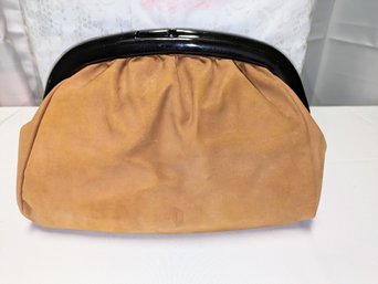 Vintage Tan Leather Clutch With Lucite Trim Made In Italy