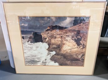 Ramed, Matted & Signed Photograph  Of Crashing Waves Against Mountains Taken & Signed By Dennis Frates