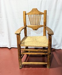 Hand Carved Rustic Wood Accent Chair With Rush Seat