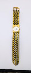 Vintage Nicole Miller 'Time Flies' Yellow, Black & White Band Swiss Movement Watch