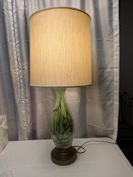 Vintage MCM Large Hand Blown Glass & Brass Lamp With Linen Shade