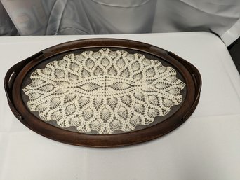 Vintage Large Wood Oval Hand Crocheted Lace Doily Encased Under Glass Serving Platter