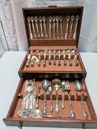 Vintage Community Silver Plate Silverware Set For 12 Plus Serving Pieces & Wood Storage Box