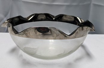 Silver Plate Ruffle Edge & Glass Etched Leaf Pattern Glass Bowl