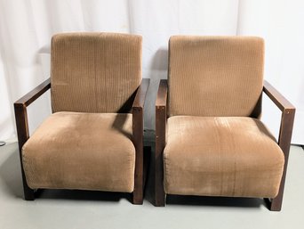 Pair Of 2 Vintage MCM Corduroy And Wood Accent Chairs