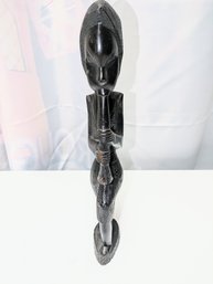 Vintage African Hard Carved Ebony Wood Statue Of Man Playing Instrument