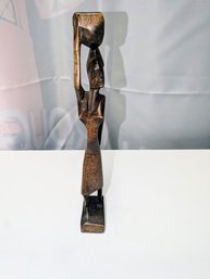 Hand Carved African Wood Statue Of A Woman Holding A Basket On Her Head