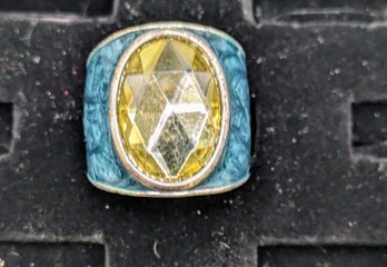 Vintage Yellow Citrine Rhinestone & Green Enamel Ring - Size 7.25