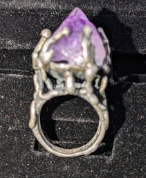 Amethyst Crystal Stone Set In Silver Tone Flame Design Ring - Size 5.5