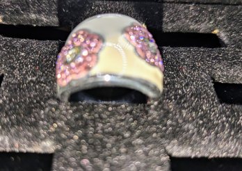 Cream Enamel With Pink & Clear Rhinestone Floral Design With Stainless Steel Band- Size 6.5