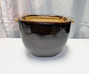 Vintage Glazed Ceramic & Bamboo Handle Planter