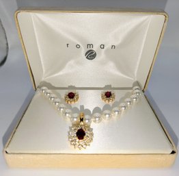 Vintage Roman Pearl And Faux Ruby And Diamond Necklace And Earring Set