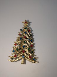 Vintage Brushed Gold Multi-Color Gem Stone Christmas Tree Pin