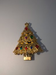 Vintage Gold Tone, Multi Color Rhinestone Light Up Christmas Tree Pin