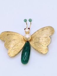 Vintage Kramer Jade, Pearl & Garnet Brushed Butterfly Brooch