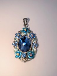 Vintage Blue Rhinestone & Enamel Floral Pendant Only No Chain