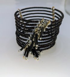 Black 10 Strand Cord & Bead With Silver Accents Cuff Bracelet