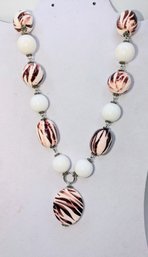 Burgundy/Brown & White Stripe Acrylic Beaded Ball Necklace (Matching Earring In Separate Lot)