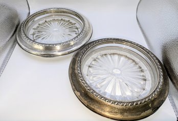 Pair Of 2 Vintage Silver Rimmed Cut Crystal Bottle Coasters