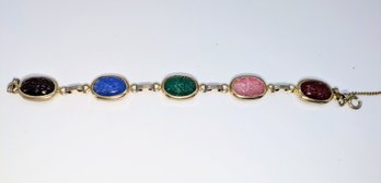 Vintage Gold Tone &  Multi Color Carved Art Glass Stone Bracelet