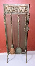 Vintage Metal Elephant Design 4 Piece Fireplace Tool Set With Stand