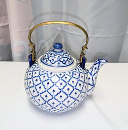 Vintage Asian Blue & White Porcelain With Solid Brass Handle Tea Pot