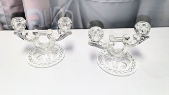 Pair Of Cut Crystal Double Candle Stick Holders