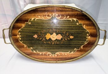 Vintage Italian Oval Inlaid Wood With Solid Brass Trim & Handles Serving Tray