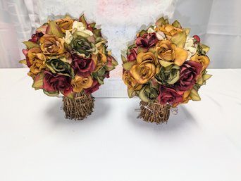 Pair Of  Silk Rose Topiaries