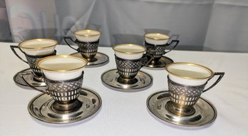 Service For 6 - Vintage Sterling Silver Saucers & Silver Plate & Porcelain Demitase Set