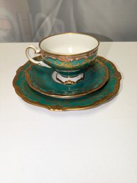 Vintage Wiemar Porzellan 3 Piece China Dessert Set - 'Katherina' / Green & Gold 1 Of 2