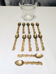 Vintage Set Of 12 Brushed Gold Demitasse Spoons In Glass Bucket