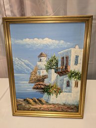 Vintage Framed & Signed Acrylic Painting - Oceanside Village In Santorini, Greece