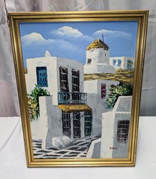 Vintage Framed & Signed Spano, Acrylic Painting - Villas In Santorini, Greece