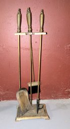 Vintage 3 Piece Brass Fireplace Tool Set With Stand