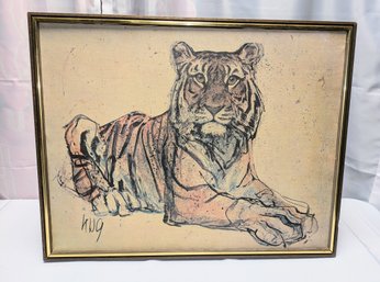 Vintage Framed & Signed, Tiger Painting On Canvas