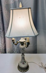 Vintage Glass Floral Design And Metal Lamp With Bell Shade